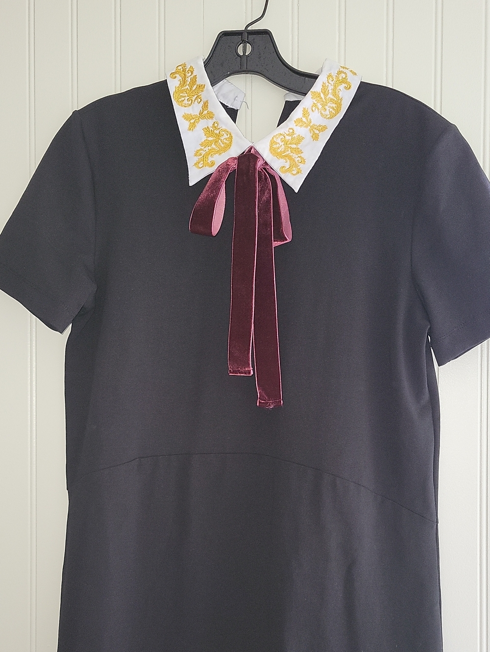 Zara Black Mini Dress Embroidered White Collar Burgundy Velvet Tie, MEDIUM
